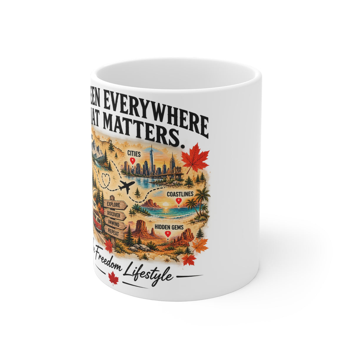 Travel Map Ceramic Mug — "I’ve Been Everywhere That Matters" Freedom Lifestyle Coffee Cup