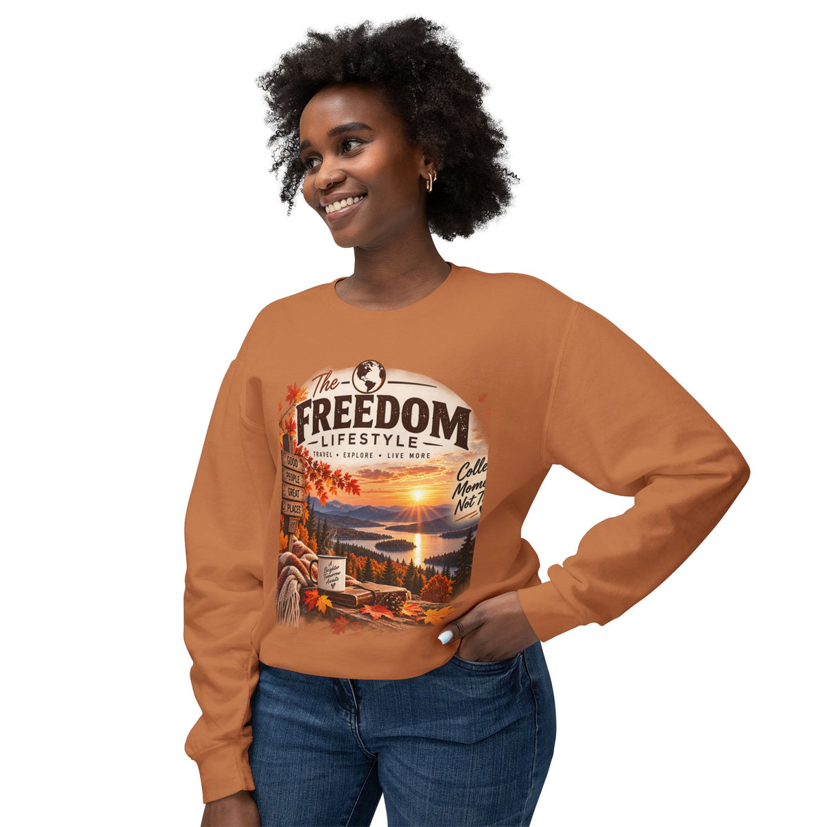 Freedom Lifestyle Crewneck Sweatshirt — Scenic Autumn Travel Graphic