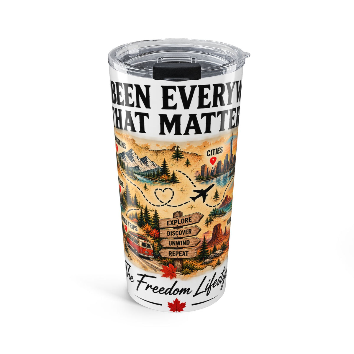 20oz Travel Tumbler — 'Been Everywhere That Matters' Vintage Roadtrip Map Design