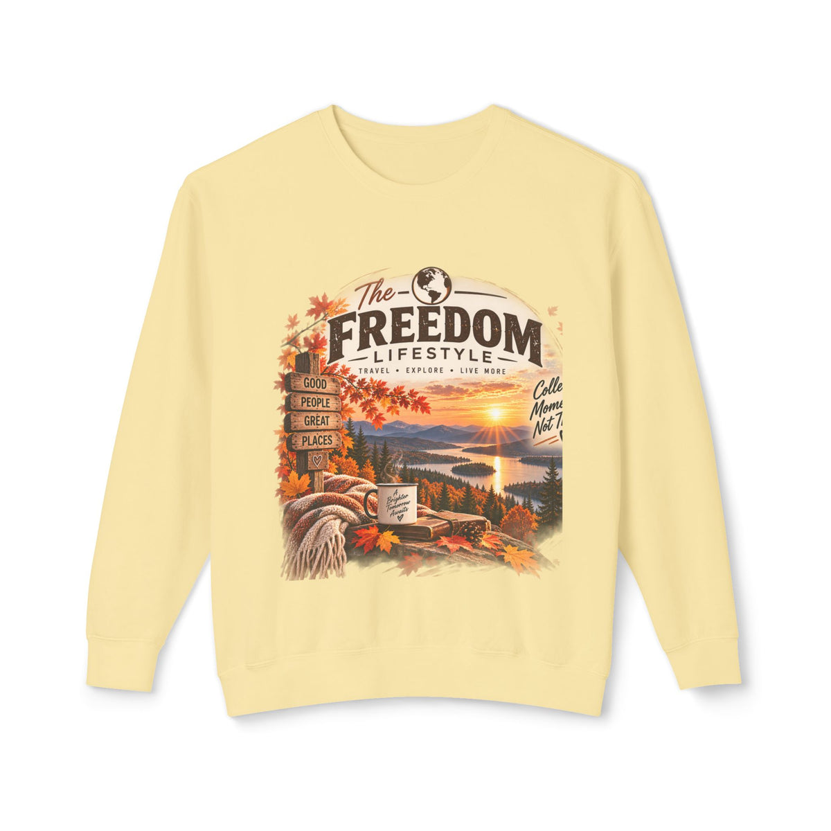 Freedom Lifestyle Crewneck Sweatshirt — Scenic Lake Sunset Graphic
