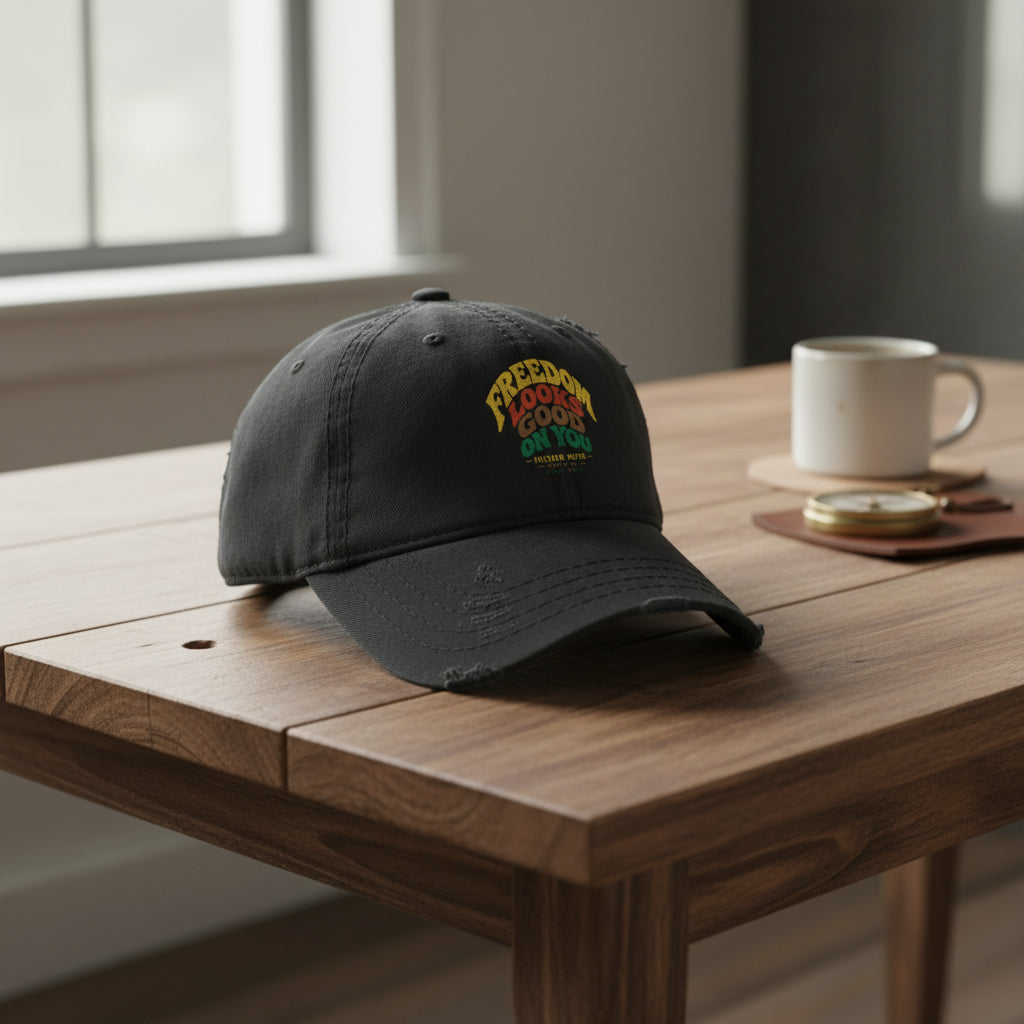 Distressed Embroidered Dad Hat — "Freedom Looks Good On You"