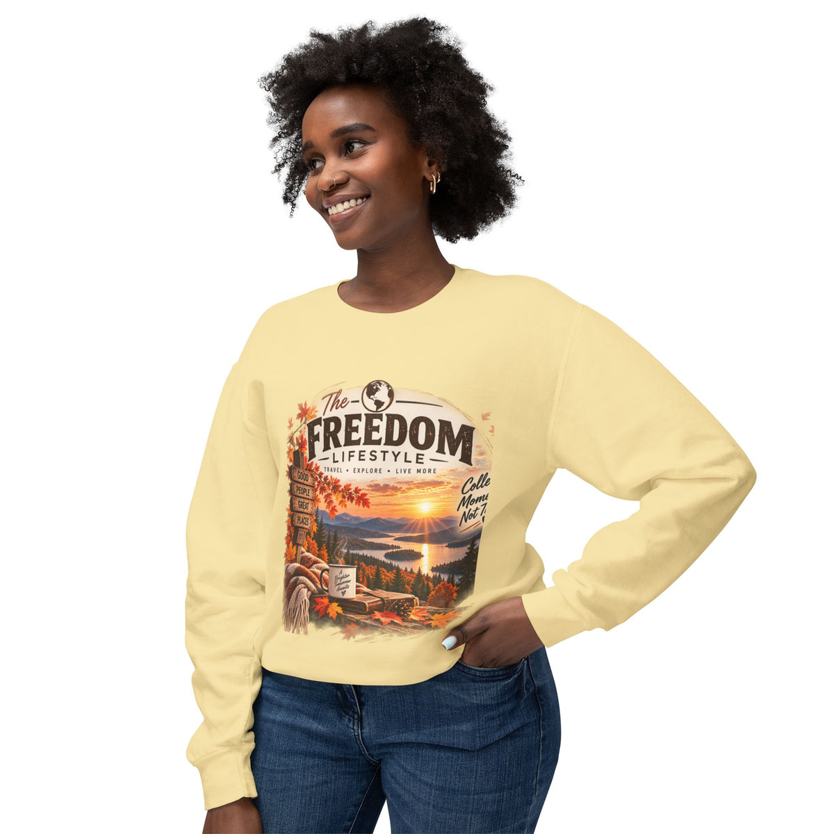 Freedom Lifestyle Crewneck Sweatshirt — Scenic Lake Sunset Graphic